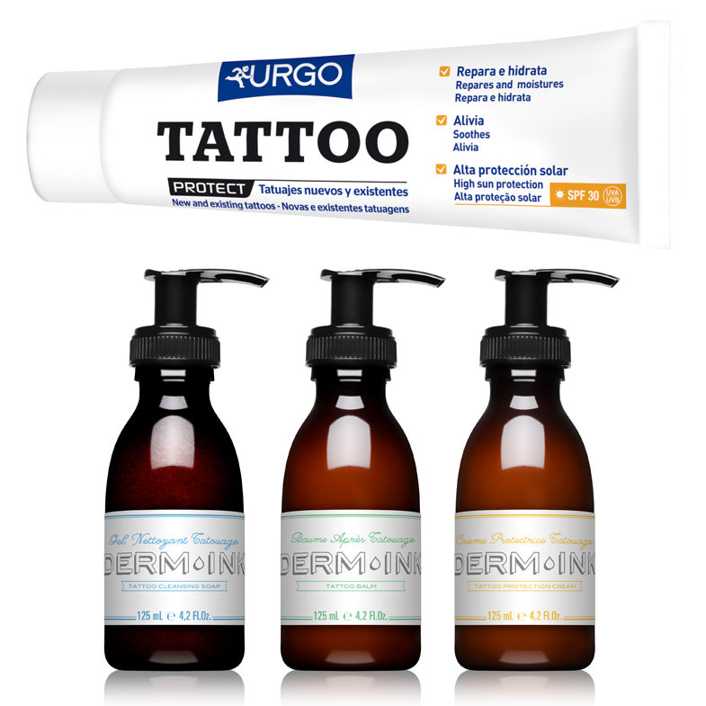 Urgo Tattoo Protect es la crema para tatuajes que ayuda a calmar, cicatrizar y proteger la piel con tinta (13,90€. En farmacias). / Derm-Ink tiene en cuenta cada etapa de la vida del tatuaje: limpiadora (12€), bálsamo (20€) y protector (25€). En Isolée.