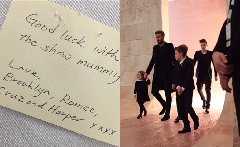 Victoria, orgullosa, subió a Instagram la notita de sus hijos ("Buena suerte con el desfile, mami", escribieron) y la salida de su familia del show. © Instagram