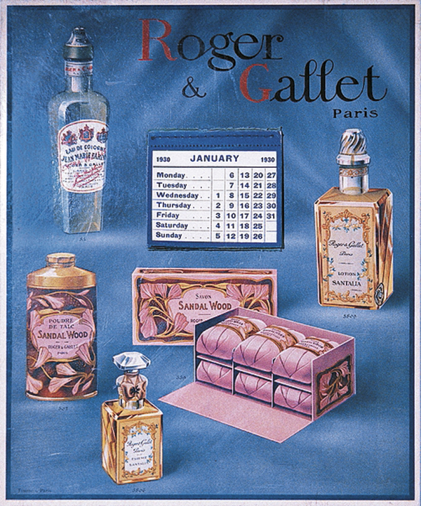 Icónicos envases de la firma en un calendario de 1930. © Cortesía de Roger&Gallet
