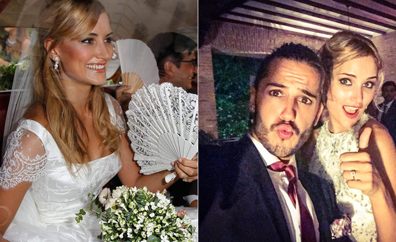 A la izquierda, Alba llegando al Alcázar con el primer vestido; a la derecha, la novia junto a Gabriel Llano en la fiesta. © Instagram