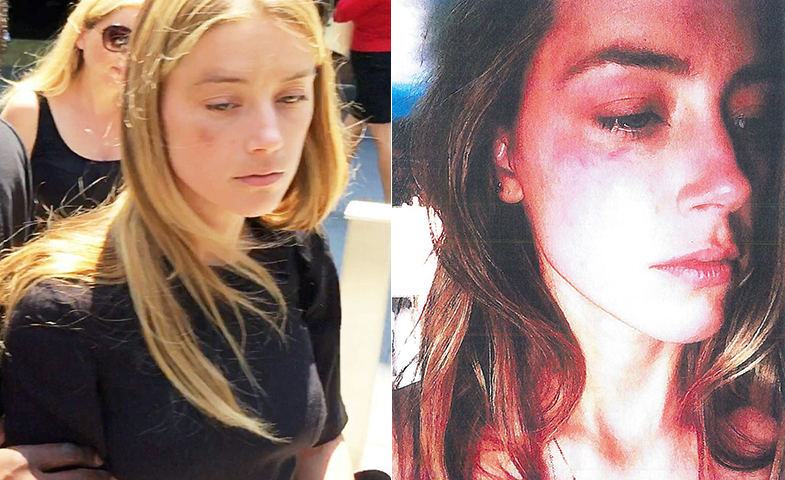 A la izquierda, Amber saliendo del juzgado; a la derecha, la foto que la actriz facilitó como acusación. © Cordon Press