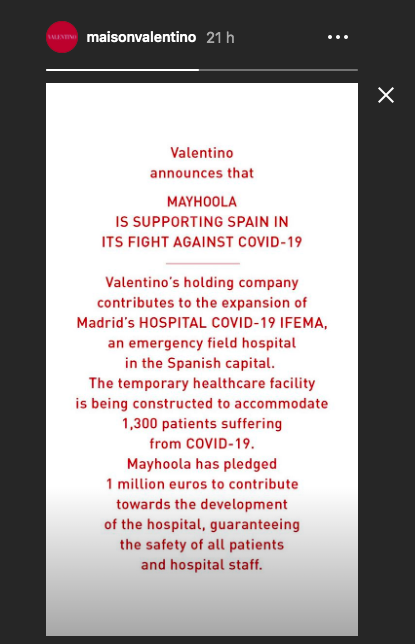Valentino y Balmain donan un millón de euros al hospital de IFEMA en Madrid