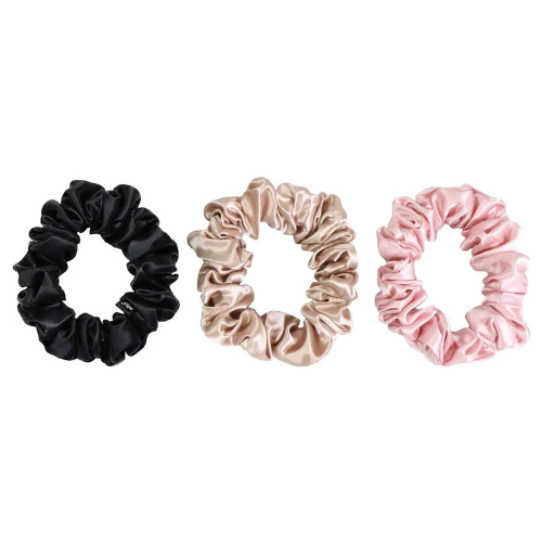 Easy Valentine’s Day Hairstyles: Three silk scrunchies on a white background