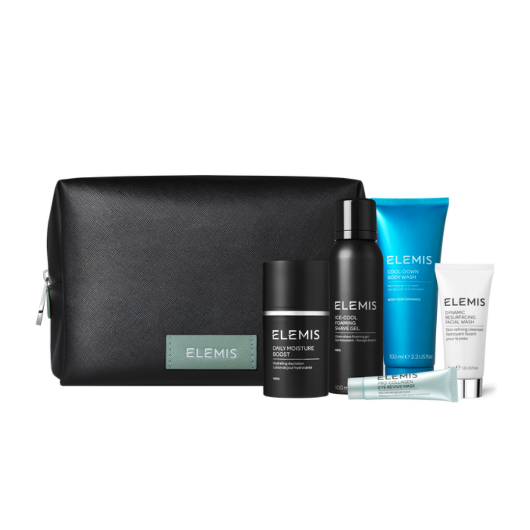 Beauty travel kits: a five-piece set of ELEMIS travel essentials, curated for men.