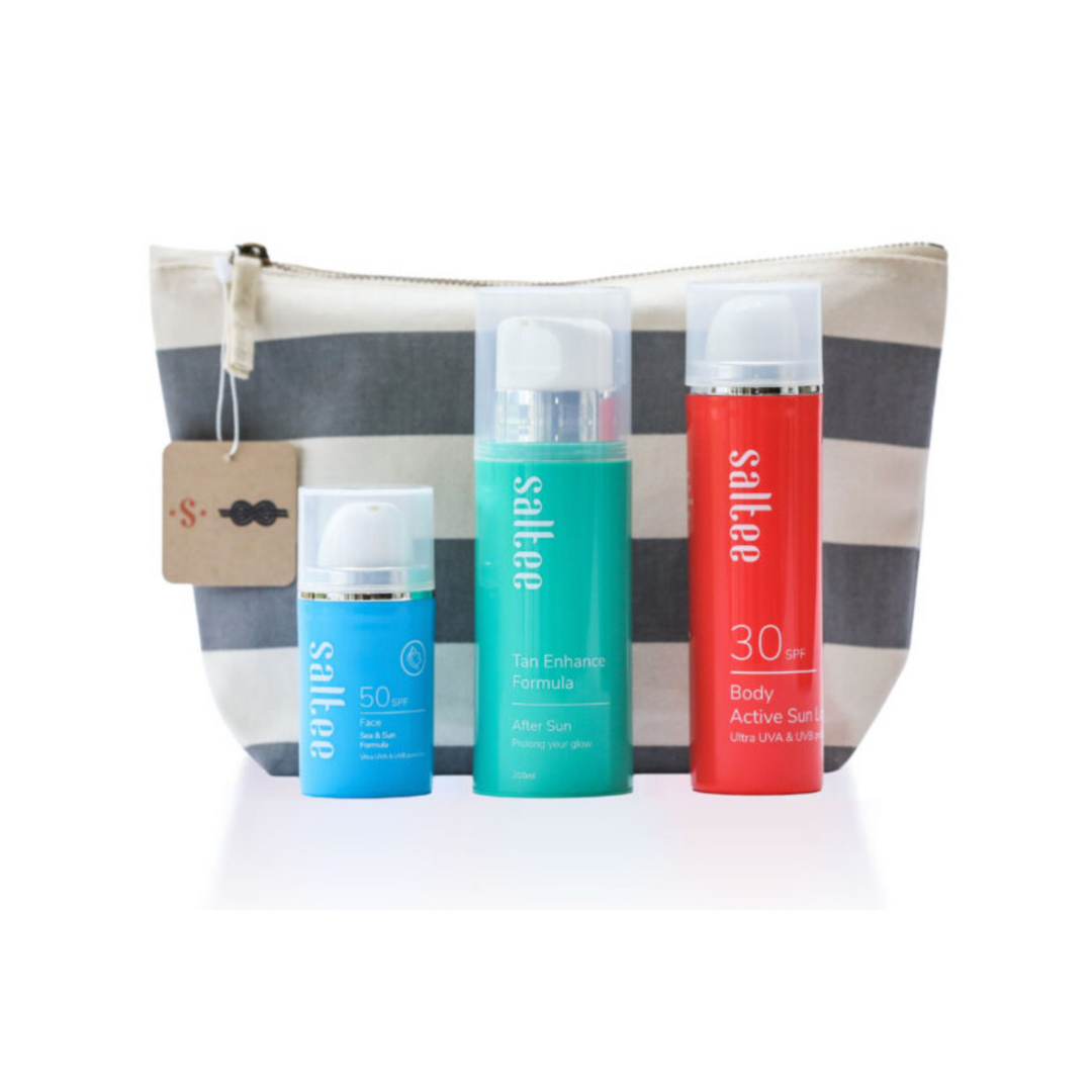 Beauty travel kits: a trio of mini Saltee summer essentials, including a facial SPF, After Sun and Active Sun Lotion.