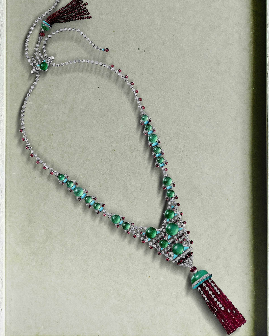 CARTIER Ondora high jewellery necklace in white gold with chrysoprase, spinels, turquoise and diamond