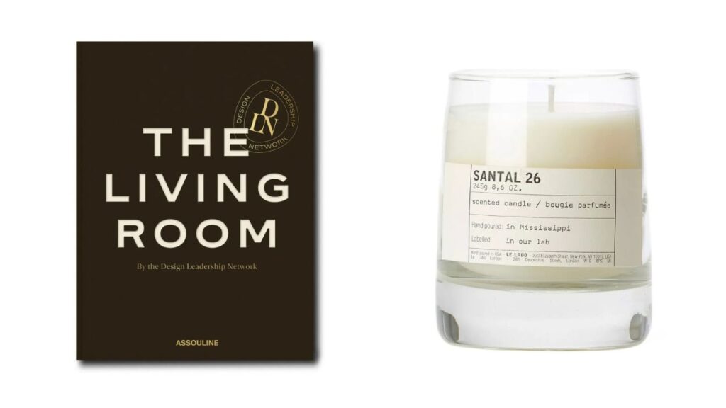 The Living Room coffee table book and candle 