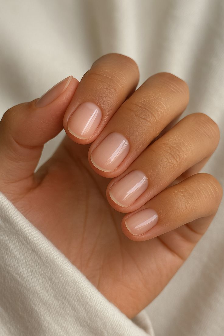 Mano con manicura minimalista de acabado natural, ultra limpio y pulido en tono nude lechoso.
