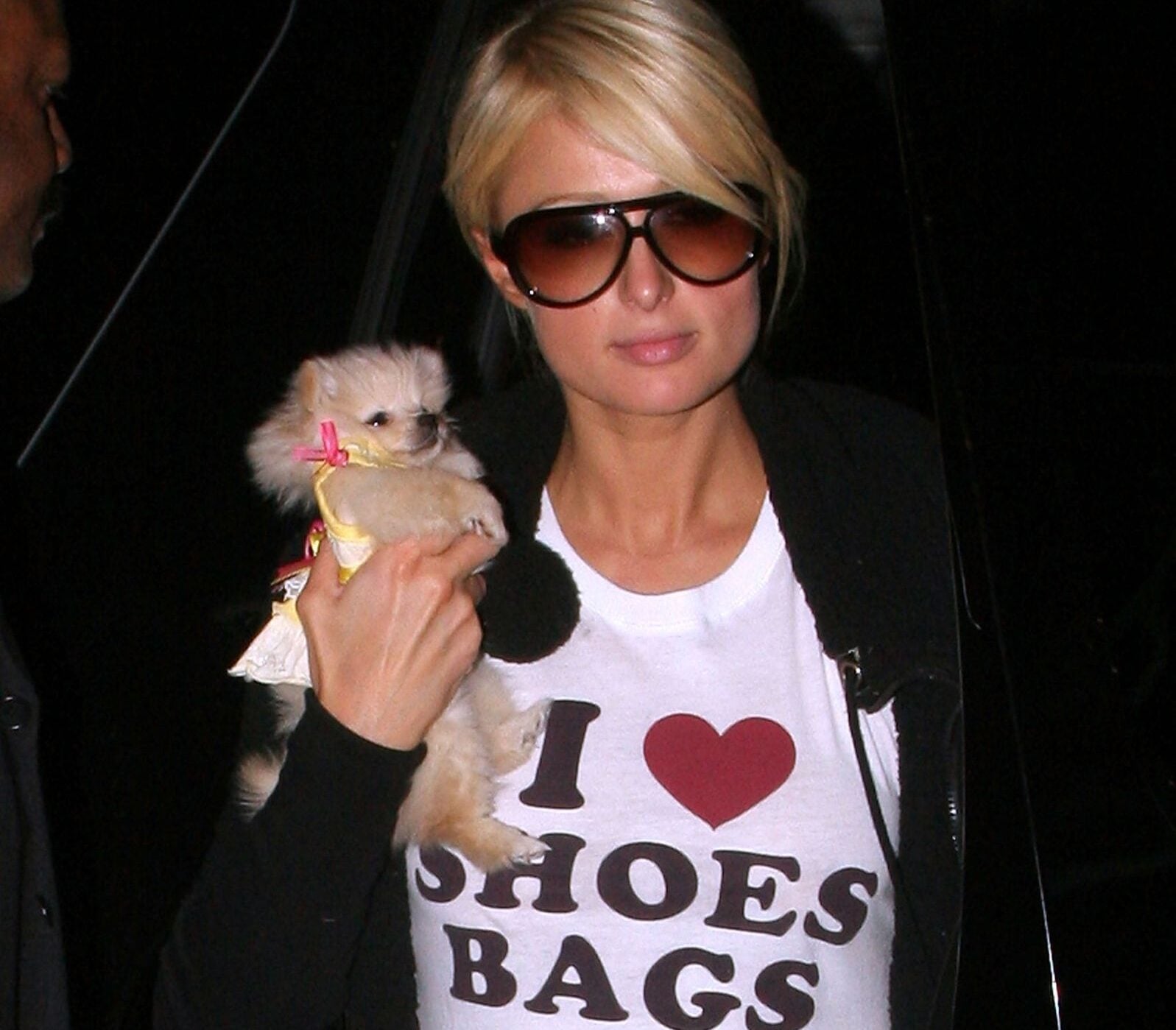 Paris Hilton con gafas oscuras y perro pequeño