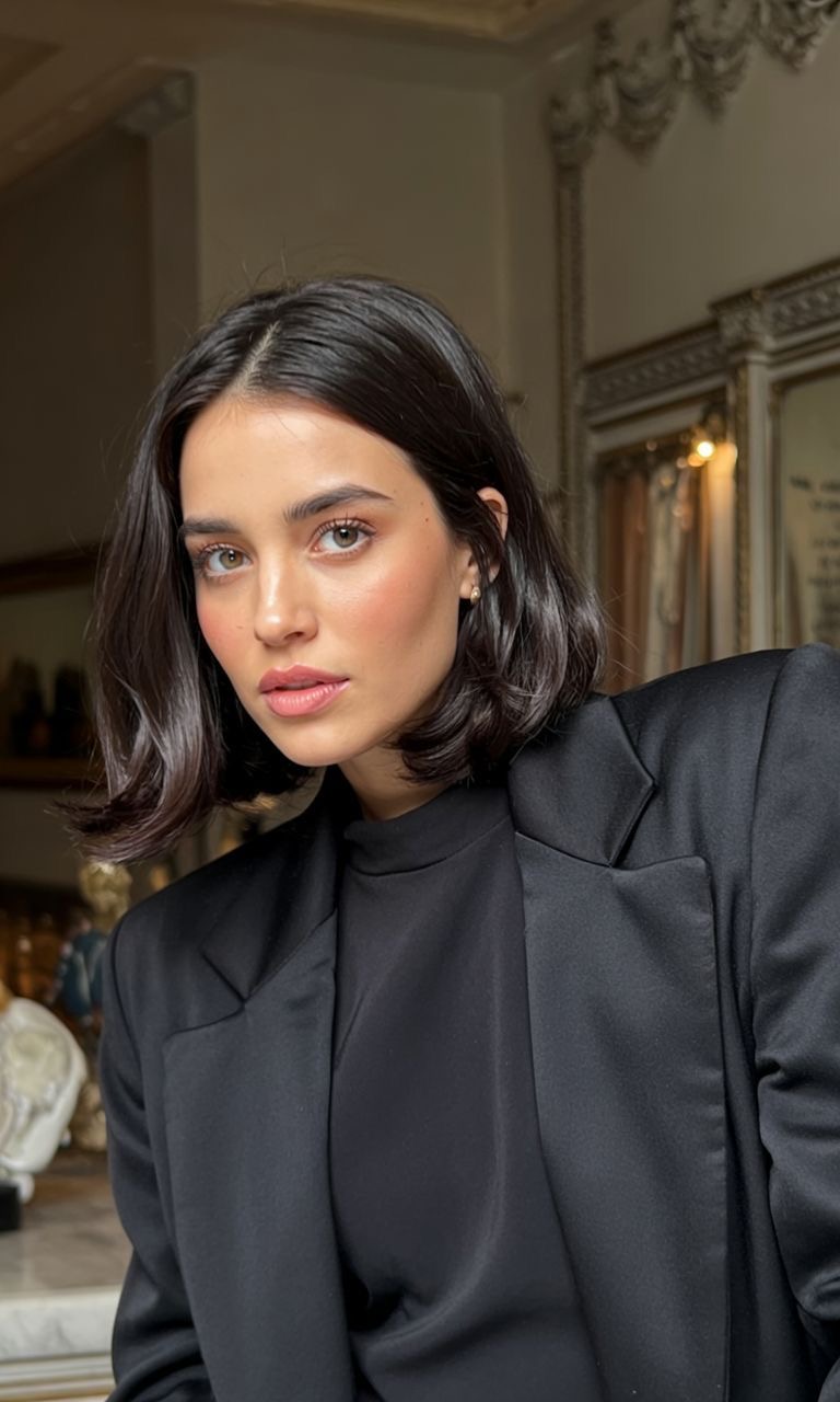 Mujer de cabello negro con corte Slip bob
