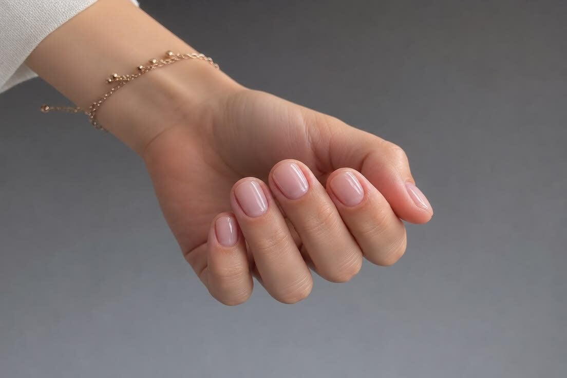 Mano con manicura corta en gel con un tono nude rosado muy translúcido y brillante, mostrando una fina pulsera de oro en la muñeca.
