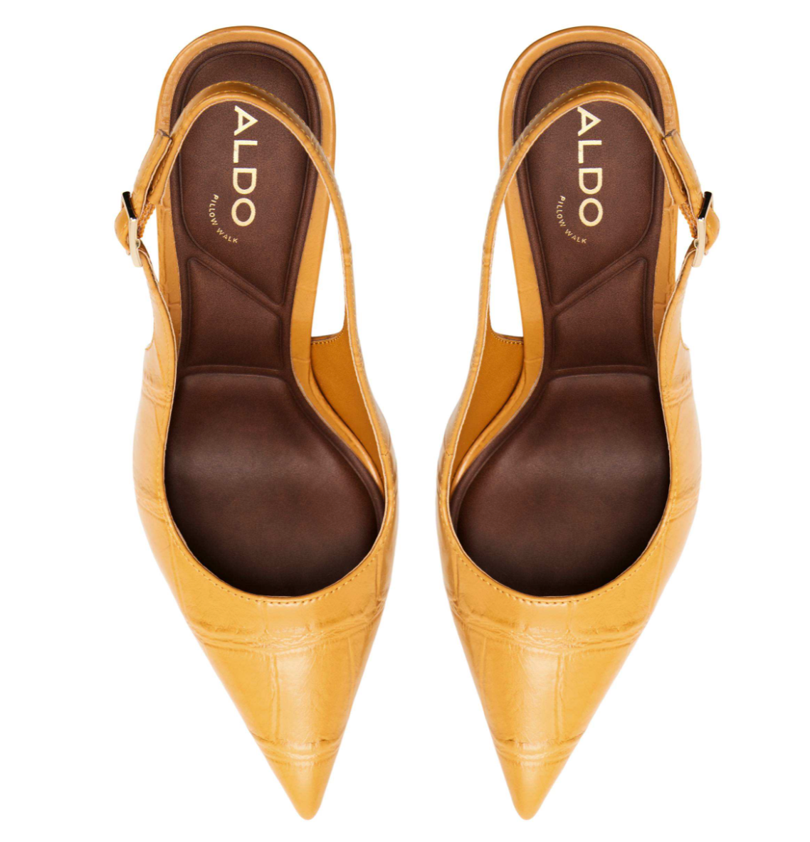 Zapatos de tacón amarillo destalonados con textura tipo cocodrilo y punta fina.