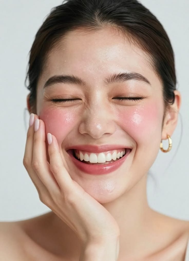 Rostro sonriente con los ojos cerrados, mostrando una tez radiante, cejas naturales laminadas, rubor difuminado en la parte alta de las mejillas y labios con tinte rosado y acabado jugoso.