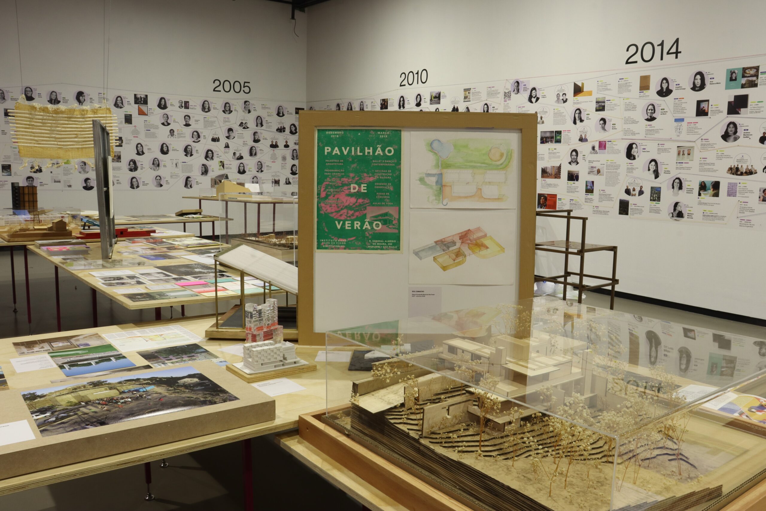 Vista de la sala de exhibición con mesas de madera llenas de planos, maquetas arquitectónicas bajo cubiertas de acrílico y un muro al fondo con una línea de tiempo cronológica ilustrada con rostros y documentos.