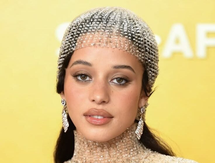 Retrato de la modelo e influencer Chase Sui Wonders luciendo un peinado con red de pedrería, aretes colgantes brillantes, un vestido con aplicaciones de cristales y un maquillaje de labios difuminado en tendencia.