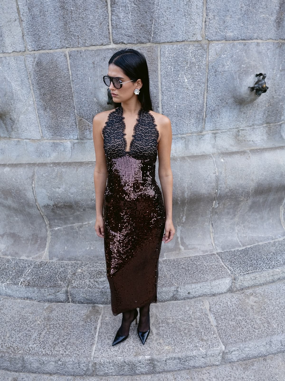 Vestido café lentejuelas 