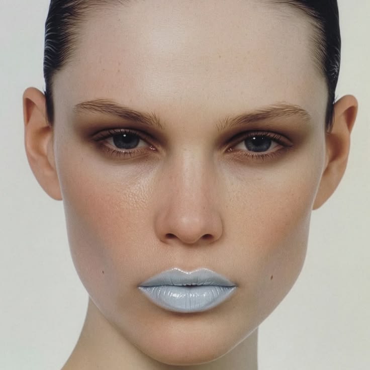 Rostro con maquillaje de alta costura, destacando unos labios pintados en un tono azul vibrante y acabado metálico, complementados con una mirada difuminada en tonos cálidos otoñales.