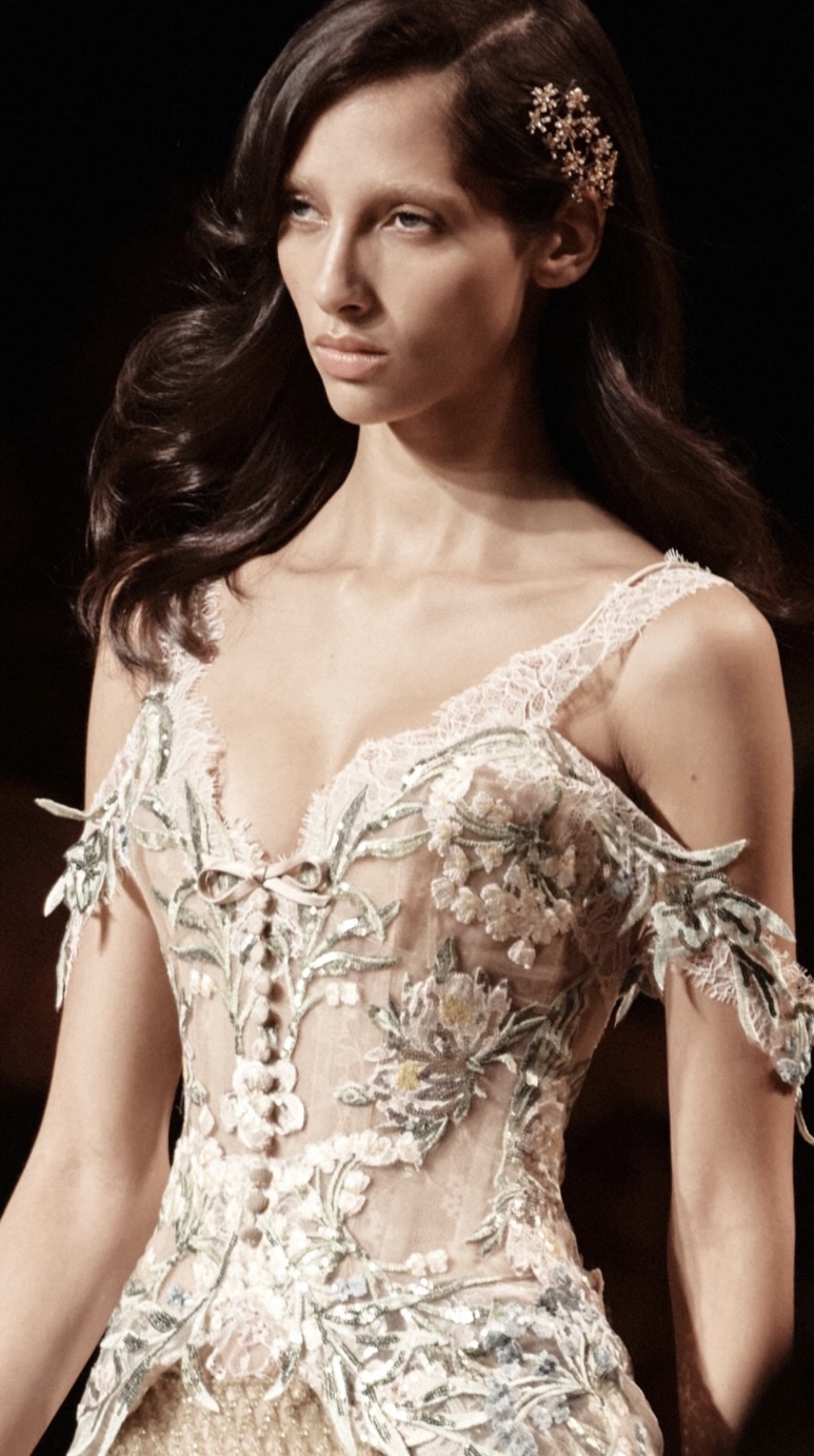 Modelo con corsé de encaje floral Elie Saab