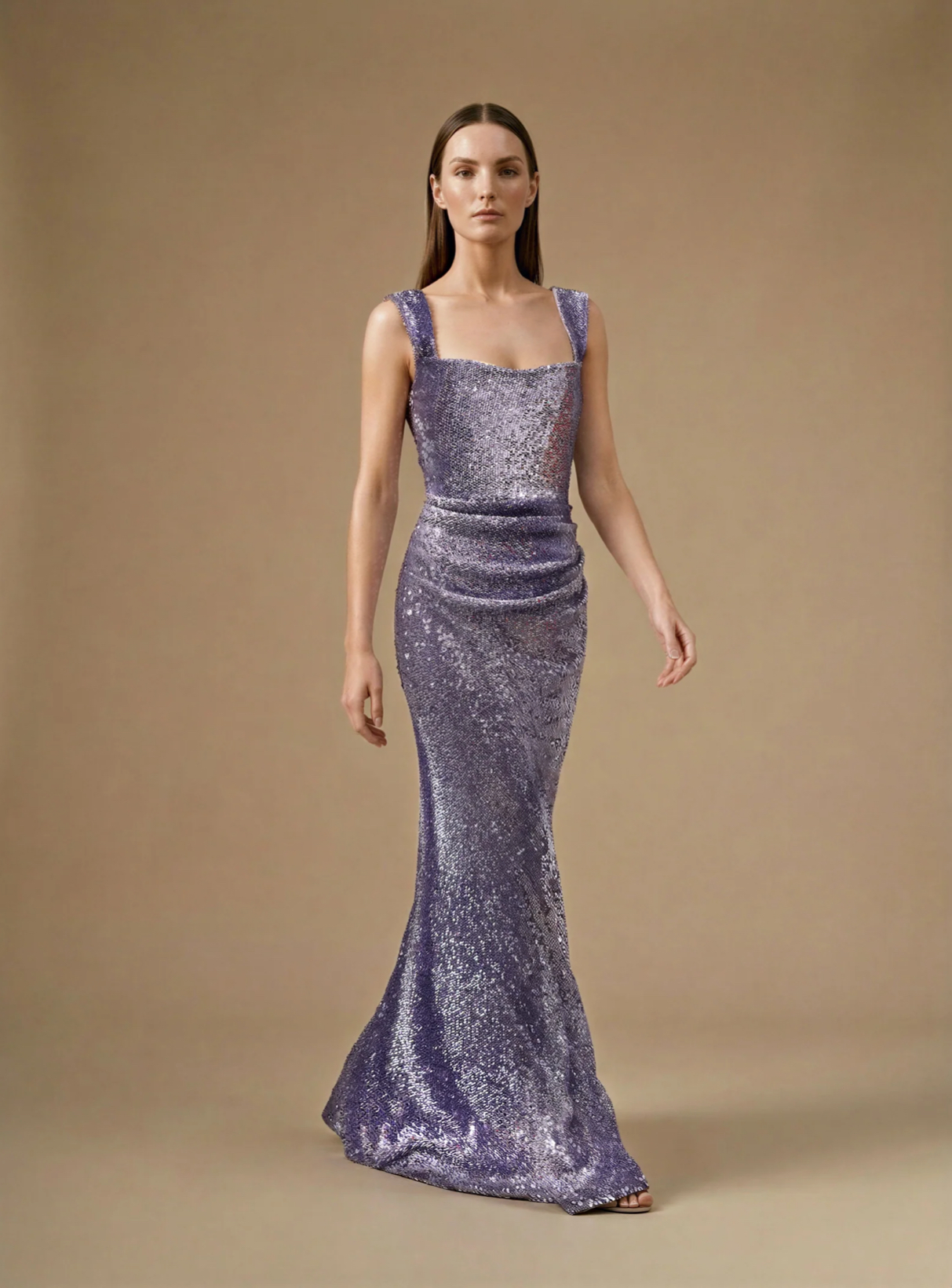 Model wearing a lilac sequin dress.