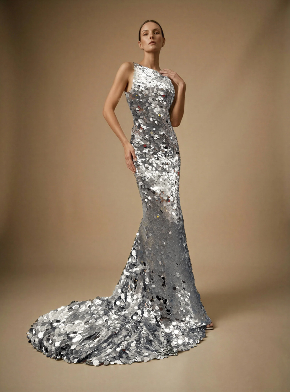 Fondo beige con modelo con vestido plateado de lentejuelas