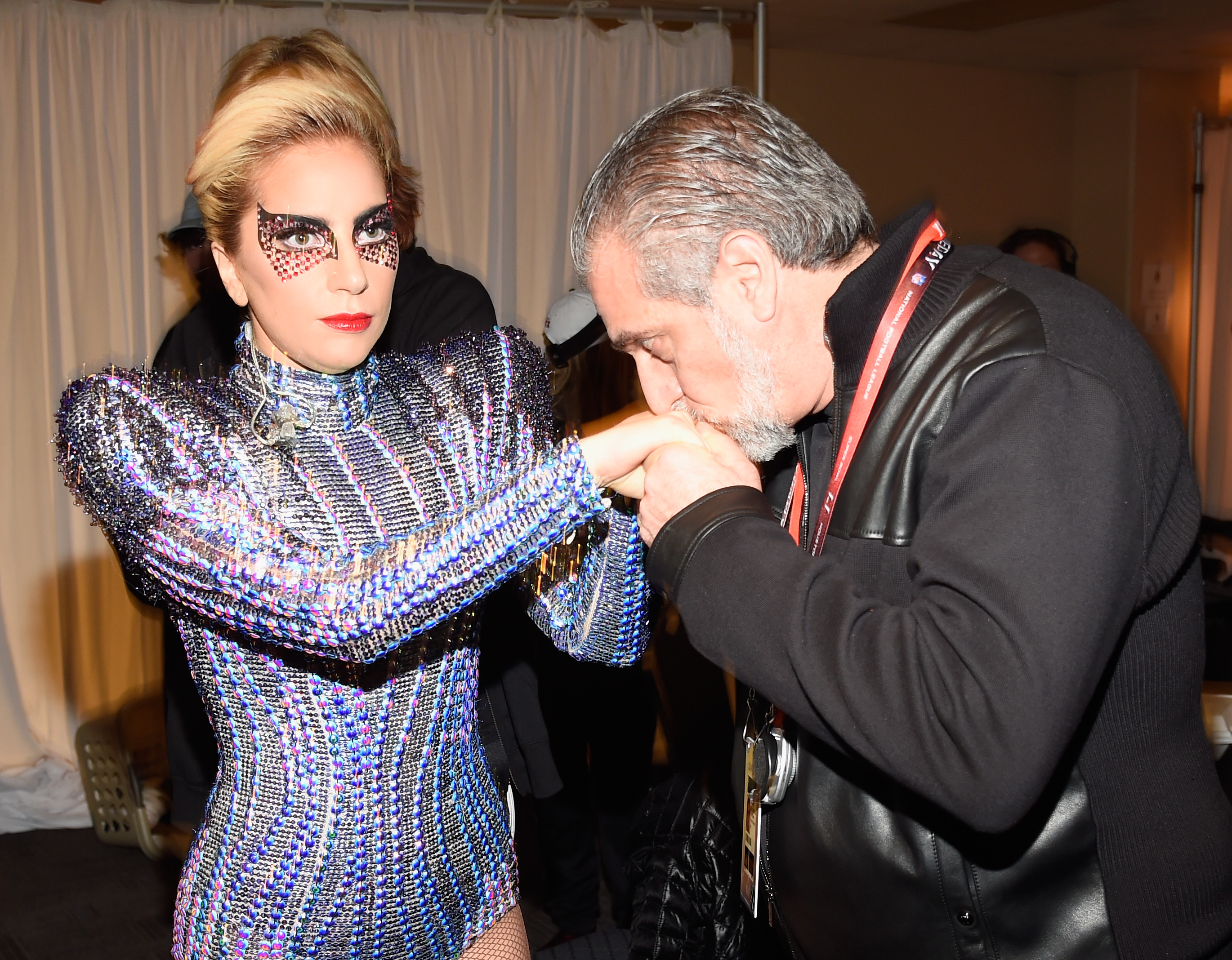 Lady Gaga and her father, Joe Germanotta backstage before the Pepsi Zero Sugar Super Bowl in 2017.