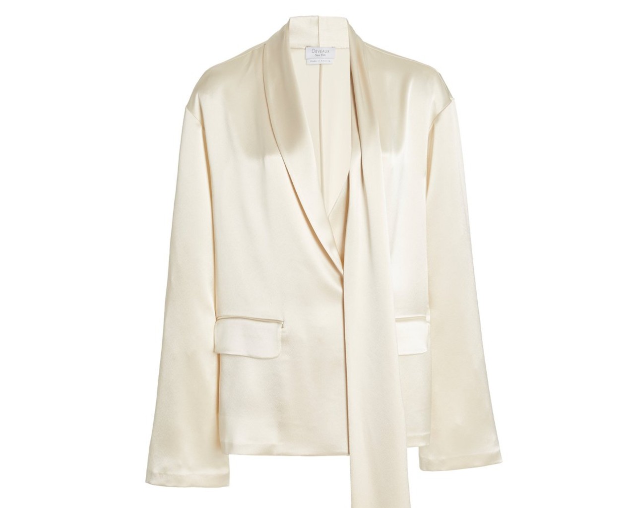 Deveaux Satin Blazer, inspired by the suffragette suit Kamala Harris wore during victory speech