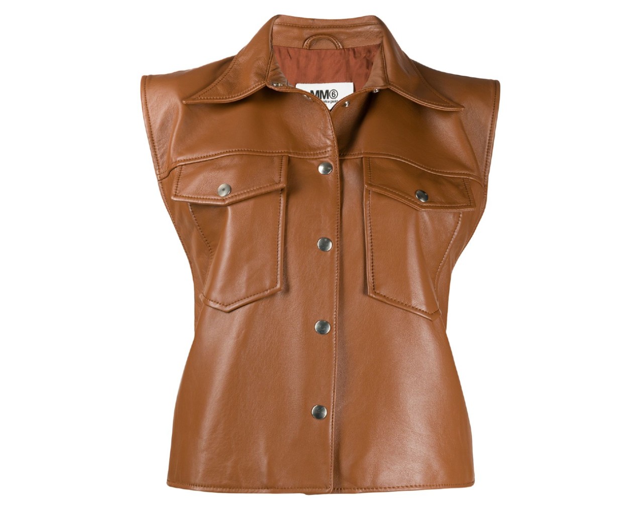 MM6 Maison Margiela sleeveless leather jacket, inspired by Bella Hadid's brown leather vest