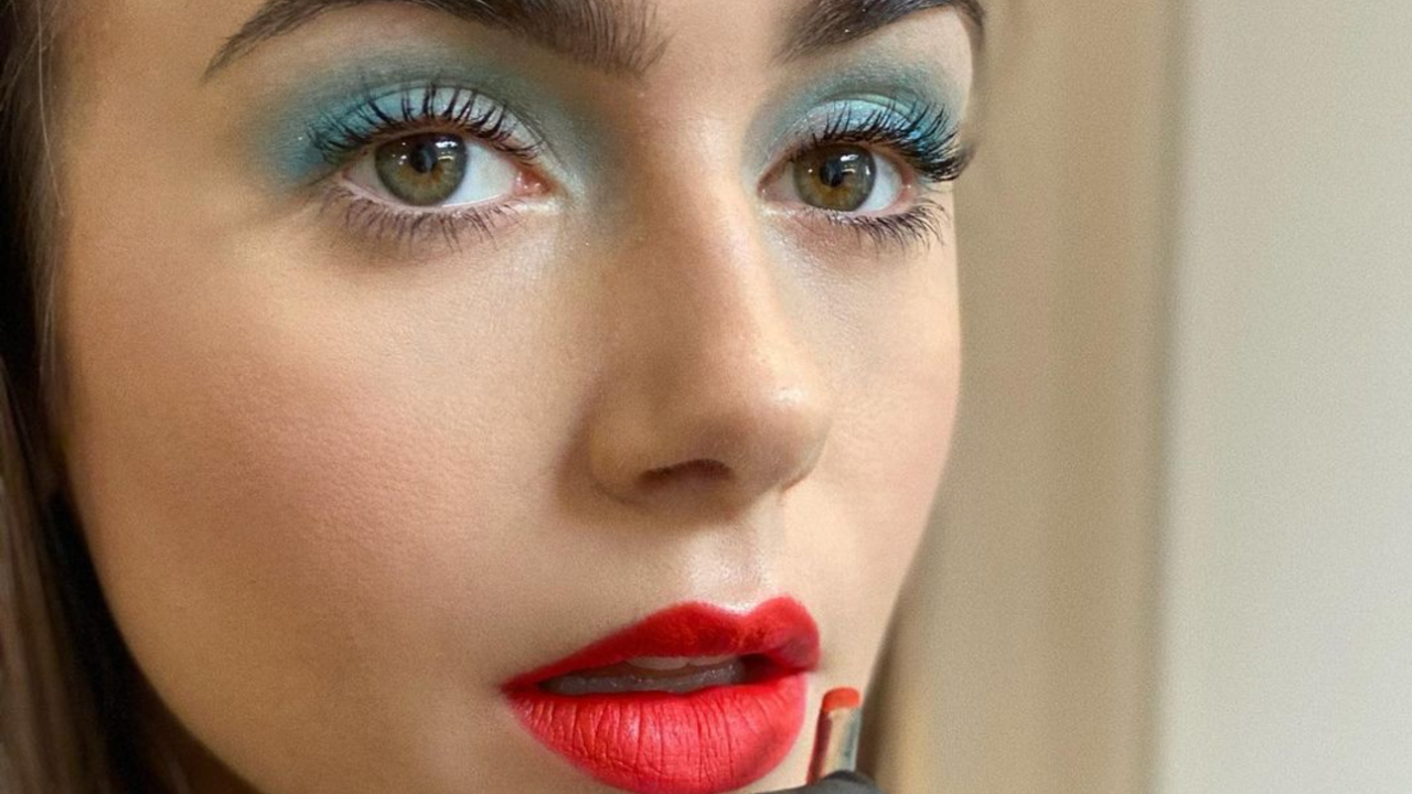 Lily Collins Red Lipstick Blue Eyeshadow