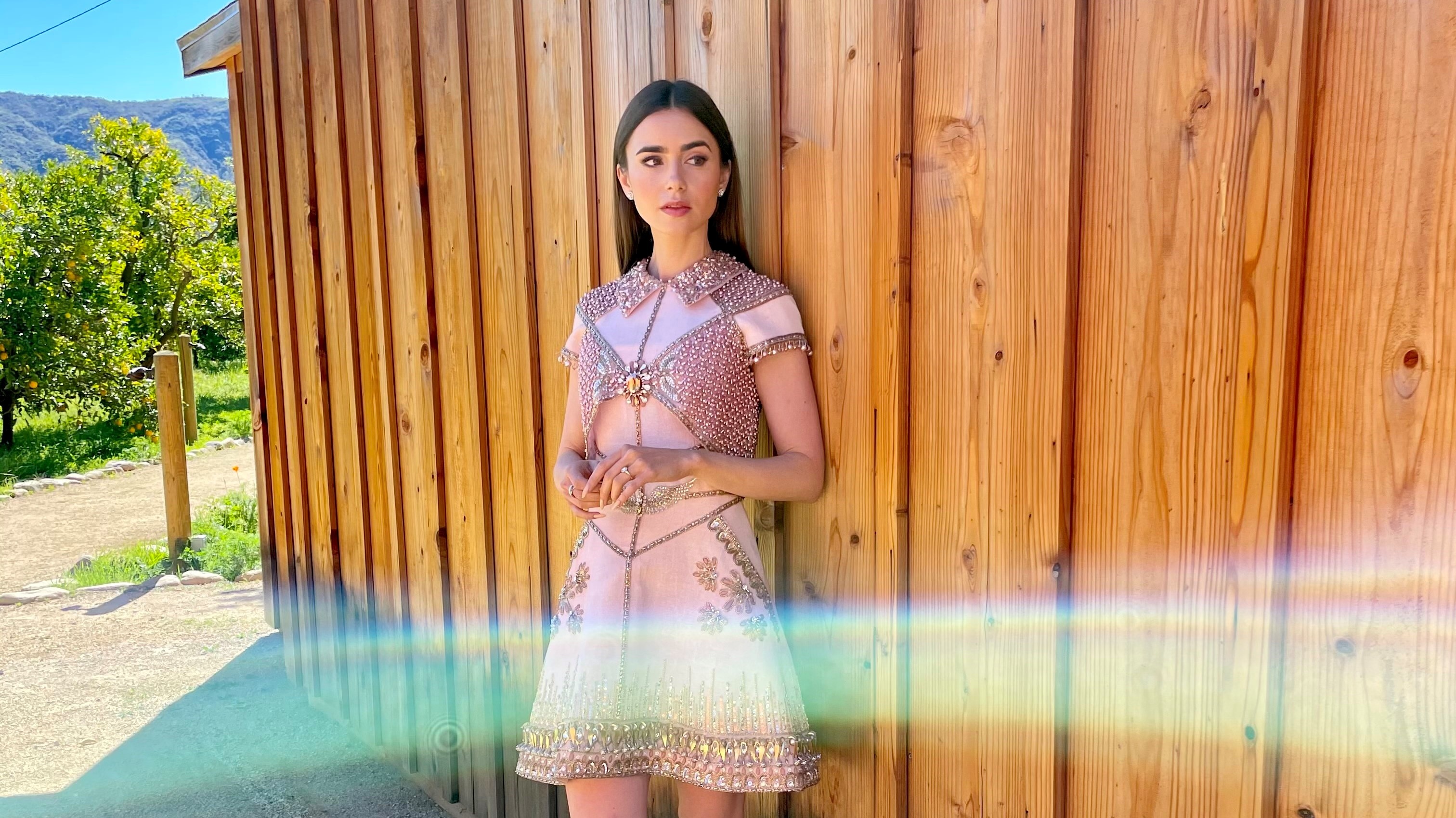 lily collins pink dress Lily Collins Wears a Rose-Covered Dress to the Golden Globes 2017