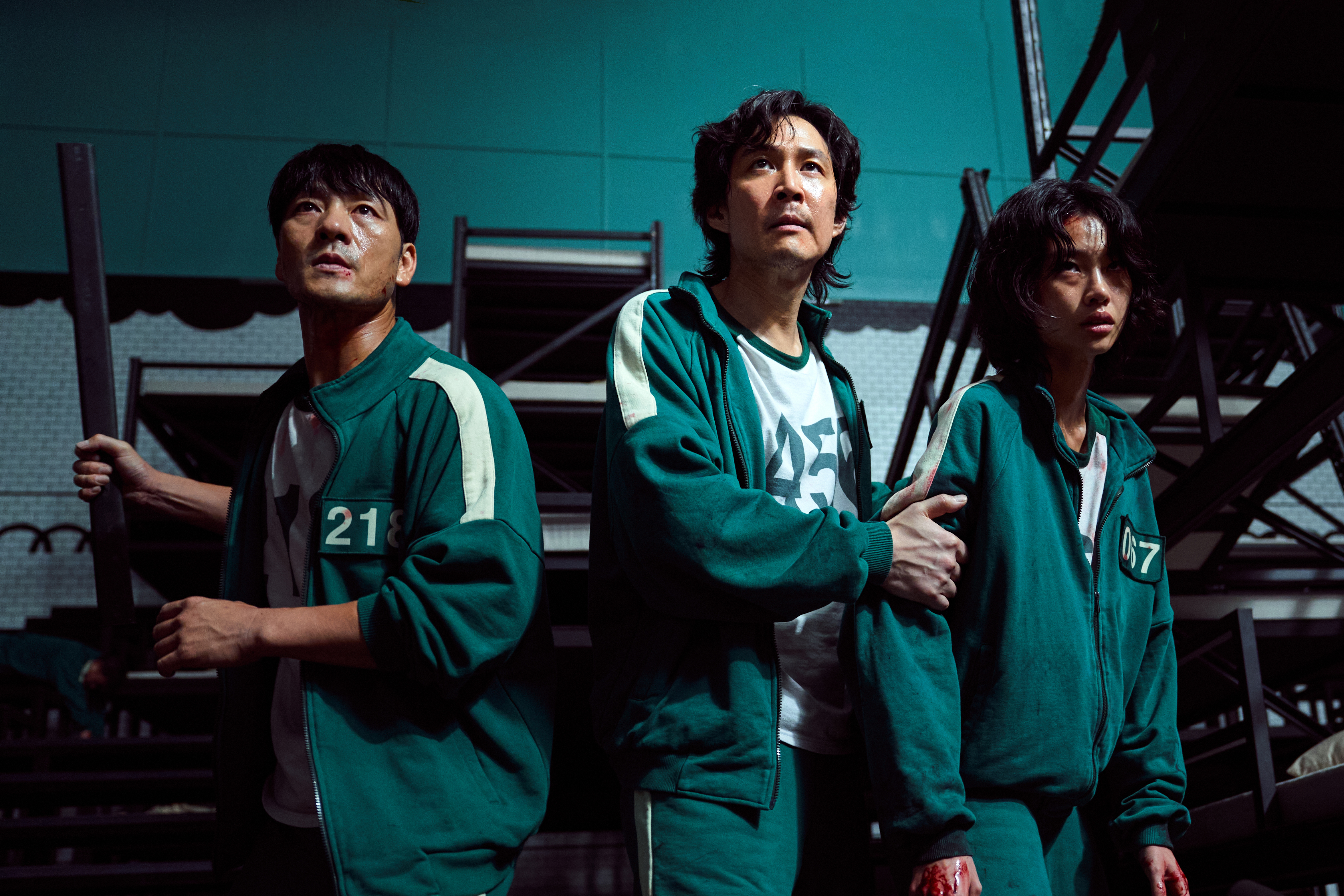 Park Hae-soo, Lee Jung-jae and Jung Ho-yeon in <i>Squid Game</i>