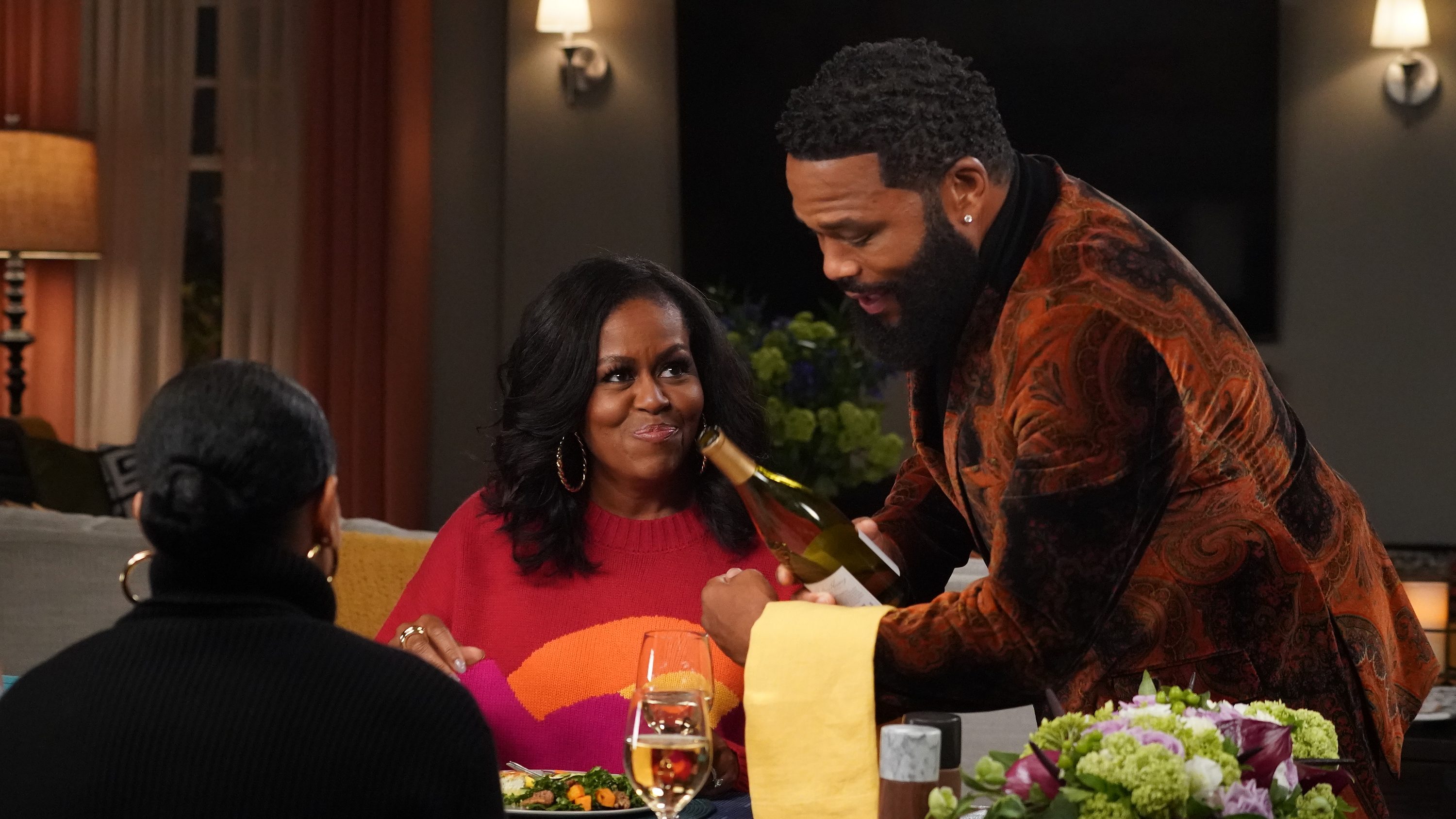 Michelle Obama with Anthony Anderson and Tracee Ellis Ross in the Season 6 premiere of ABC's <i>Black-ish</i> 