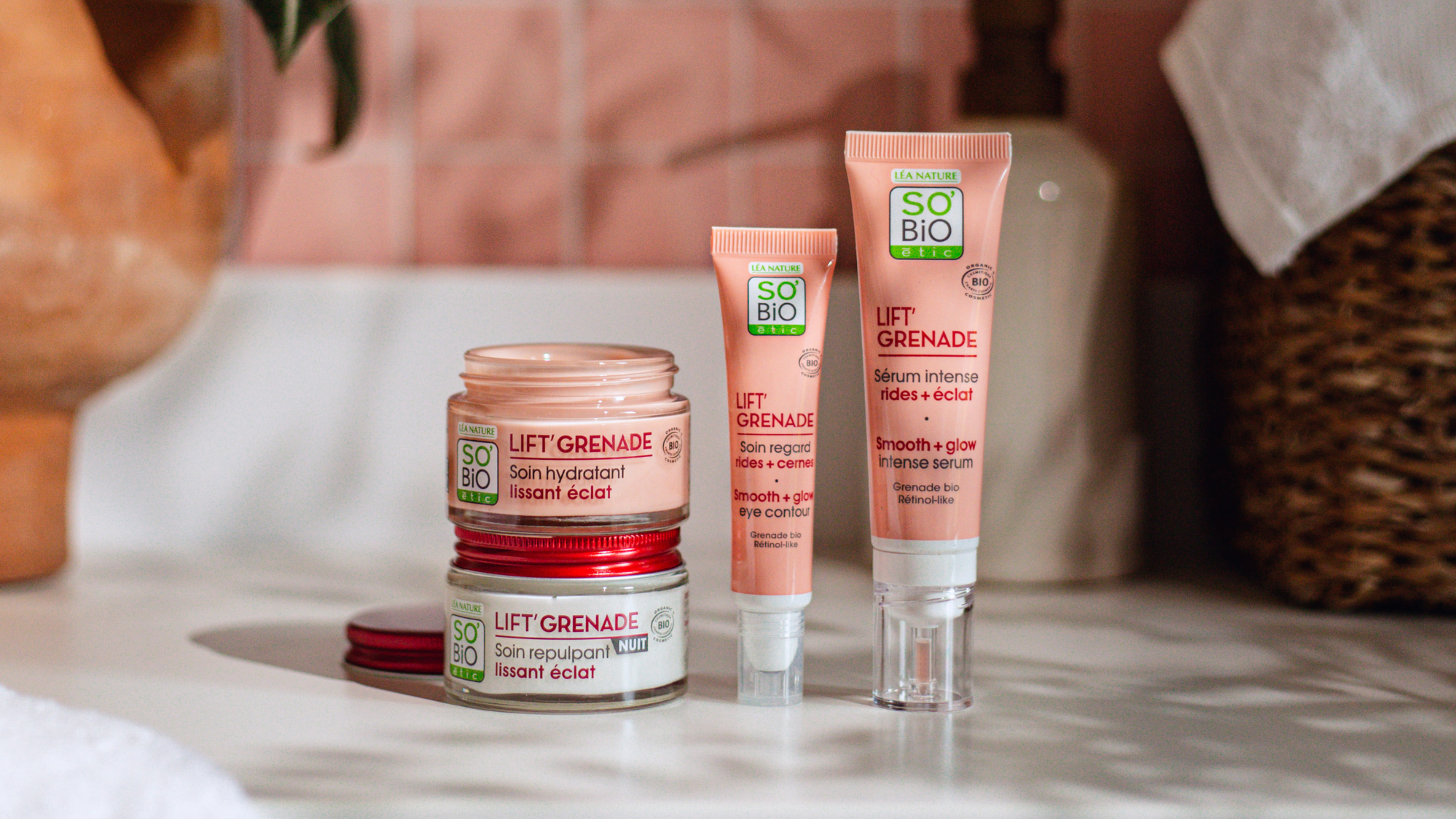 SO’BiO étic Lift’Grenade skincare collection featuring organic pomegranate for radiant, anti-aging benefits.