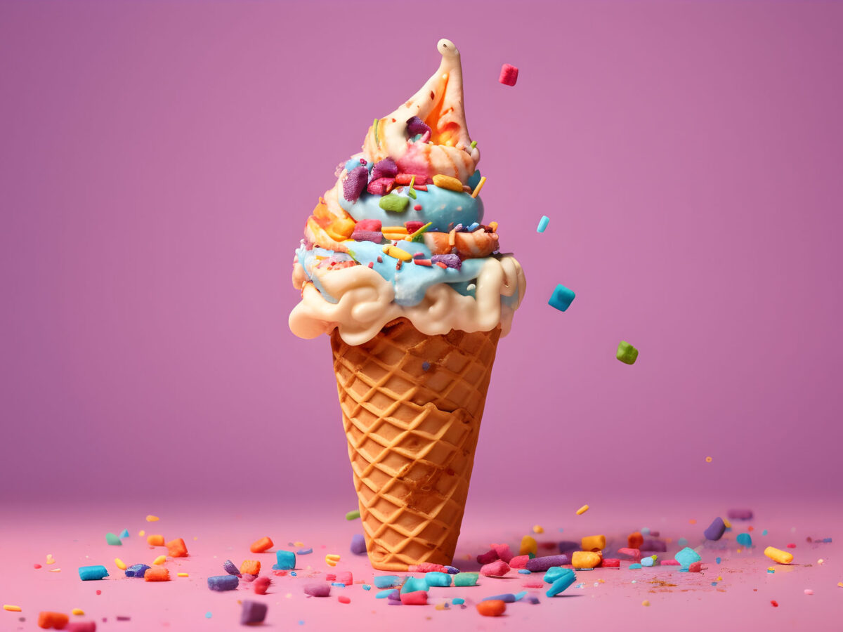 Close-up of ice cream with ice cream cone against purple background