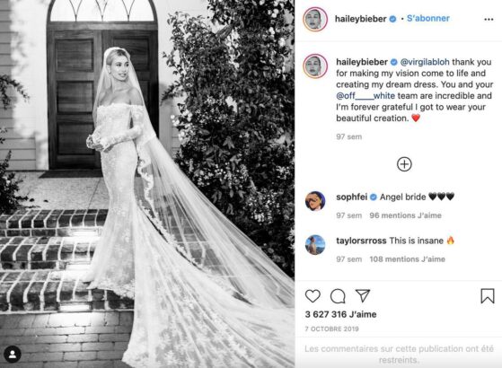 celebrity wedding dresses: Hailey Bieber’s Unique Bridal DetailHailey’s veil featured the embroidered quote: “Till death do us a part.”