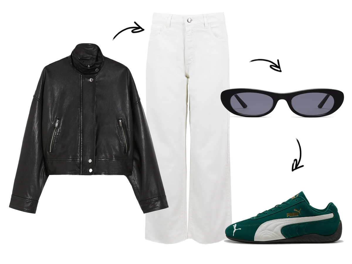 mix-and-match-white-jeans-sunglasses-jacket-green-shoes