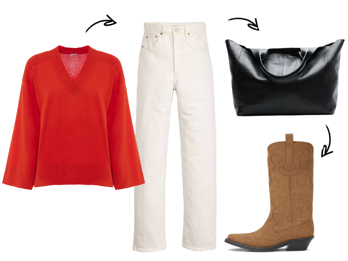 red-blouse-black-bag-white-jeans-boots