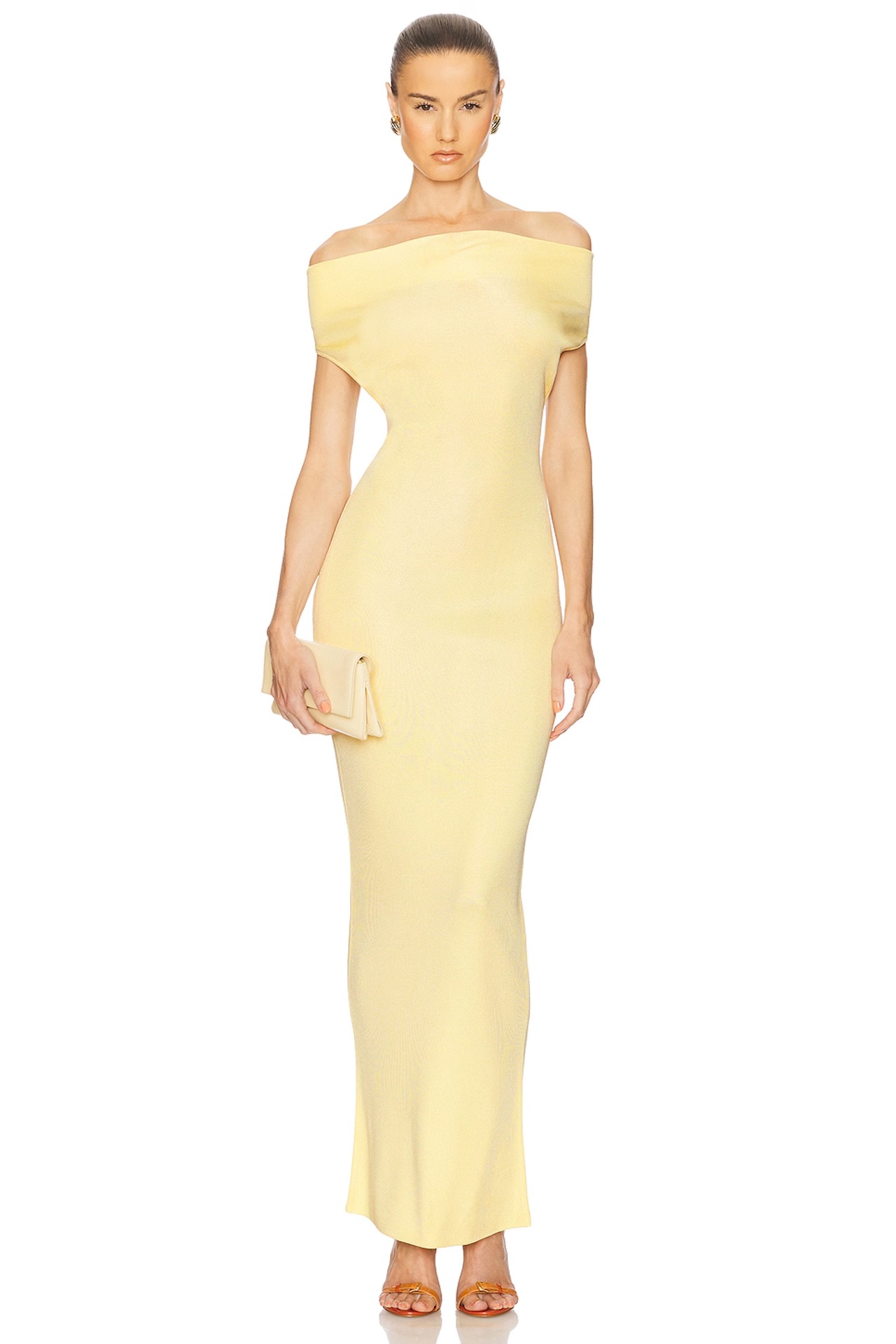 Model wearing butter yellow bridesmaid dress