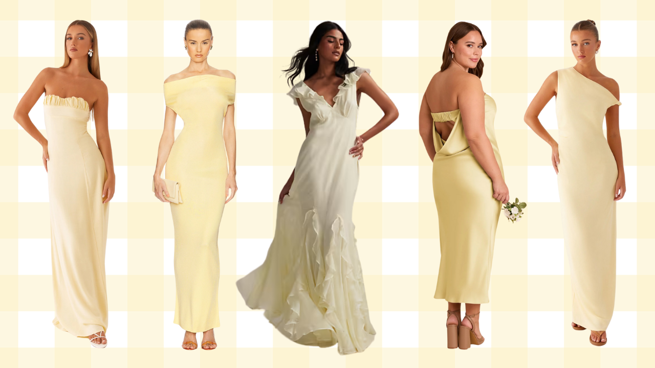 Models wearing butter yellow bridesmaid dress