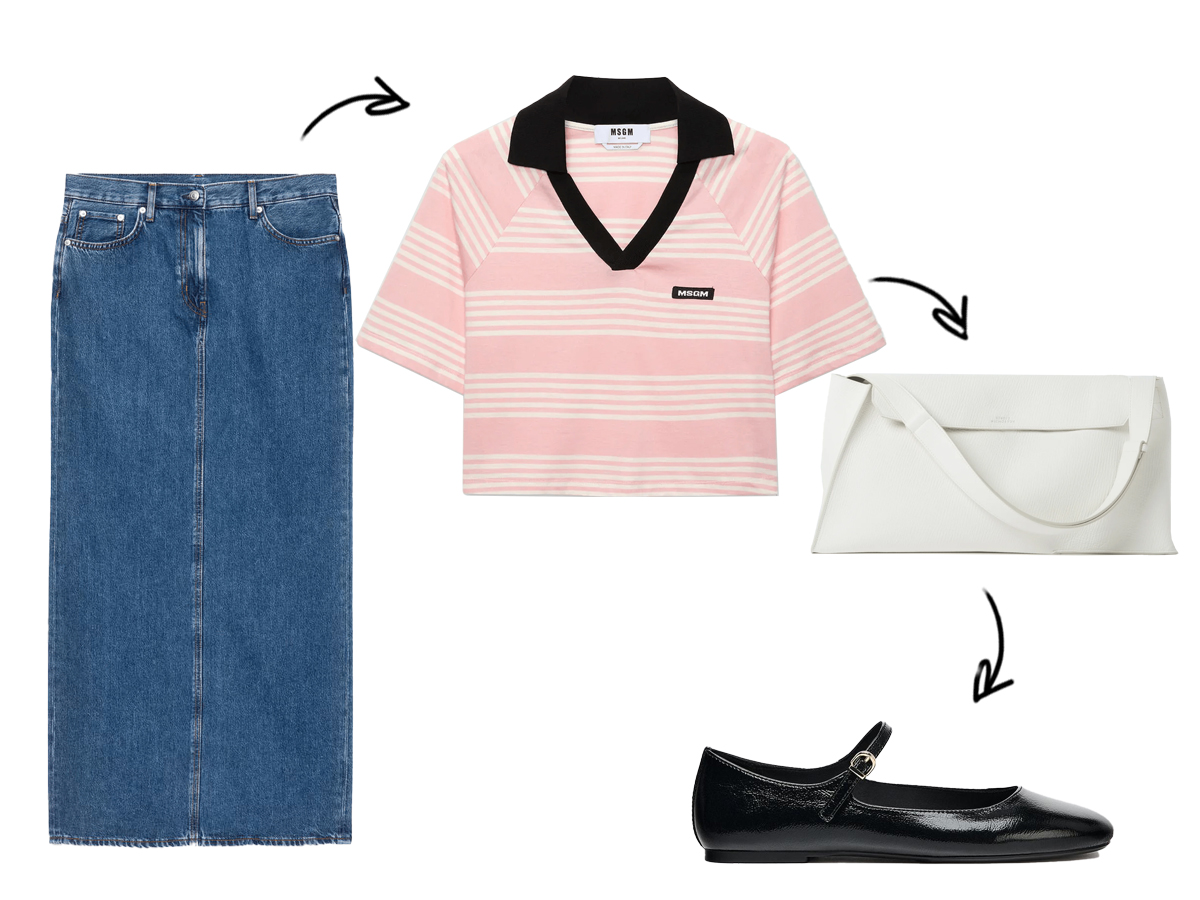 black-shoe-white-bag-blue-jeans-skirt-checkered-crop-top-polo