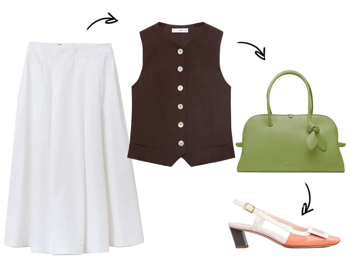 green-bag-maxi-white-long-shirt-heels-brown-top-fashion-style