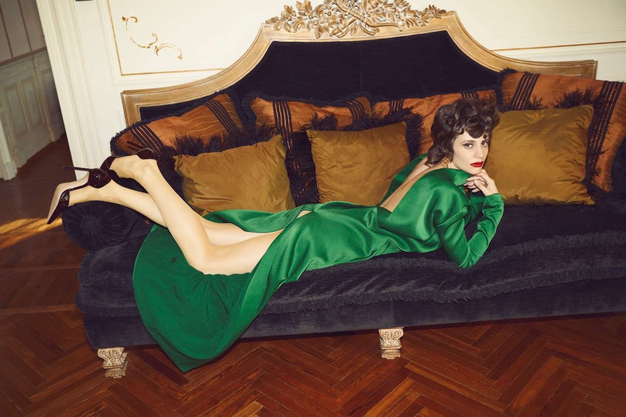 Tom Ford dress, shoes, tomford.com; Aurélie Bidermann earrings, aureliebidermann.com; Wolford tights, wolford.com.