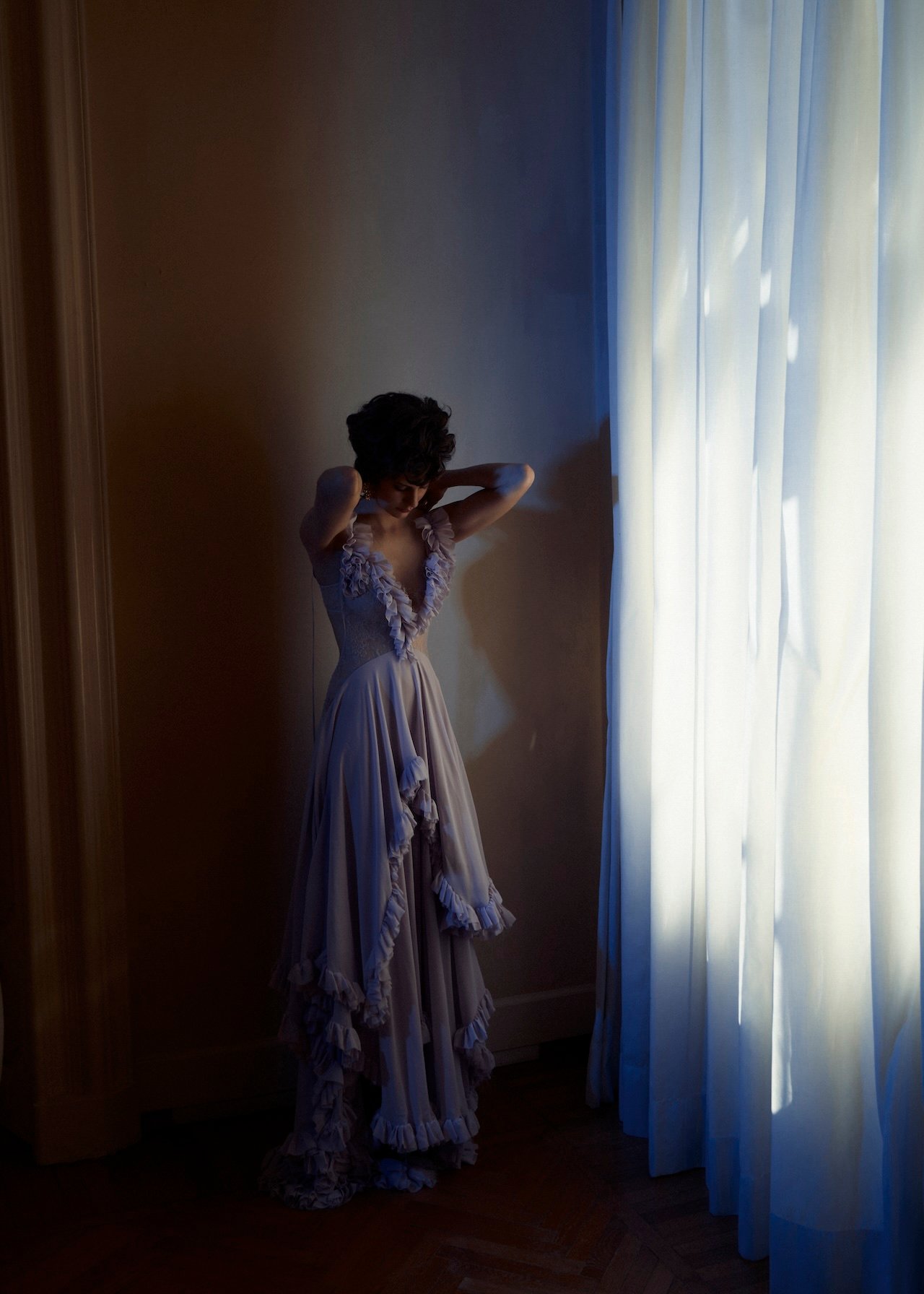 McQueen Dress, alexandermcqueen.com; Aurélie Bidermann earrings, aureliebidermann.com.