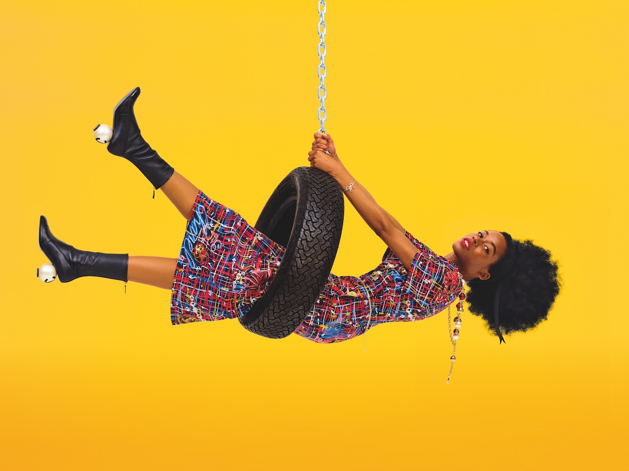 CHANEL dress, necklace, belt, bracelet, boots, (800) 550-0005.