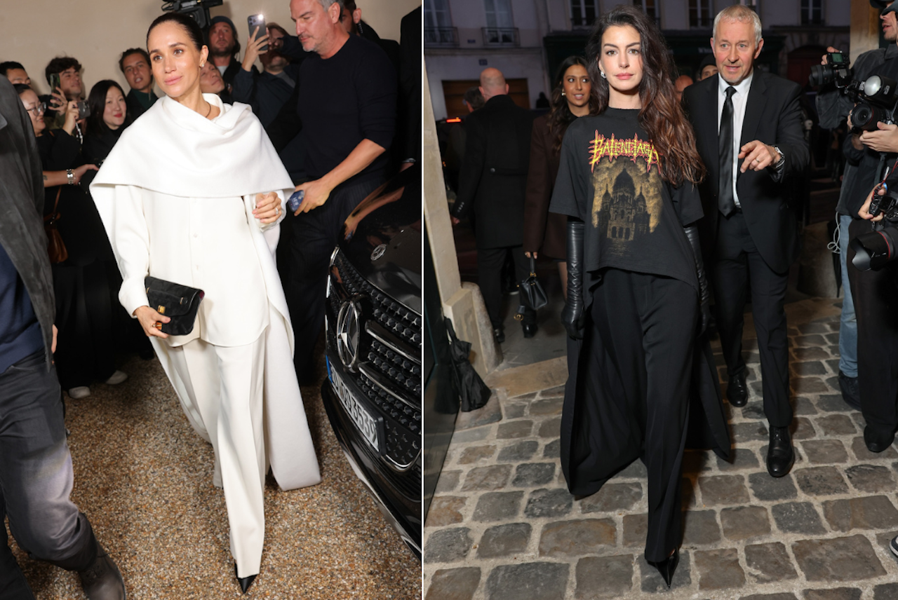 (L): Meghan Markle, Duchess of Sussex attends the Balenciaga Womenswear Spring/Summer 2026 show as part of Paris Fashion Week; (R): Anne Hathaway attends the Balenciaga Womenswear Spring/Summer 2026 show as part of Paris Fashion Week