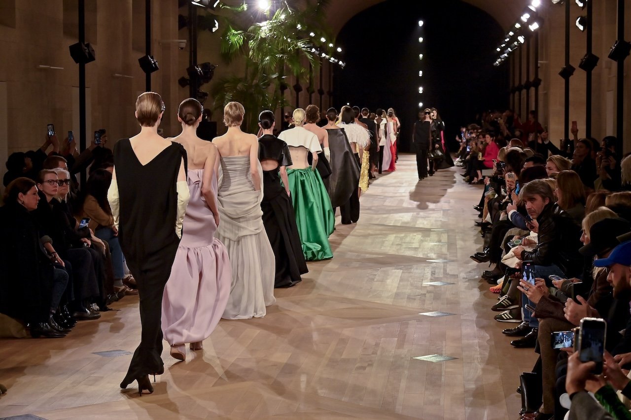 Models walk the runway during the Balenciaga Ready to Wear Spring/Summer 2026 fashion show