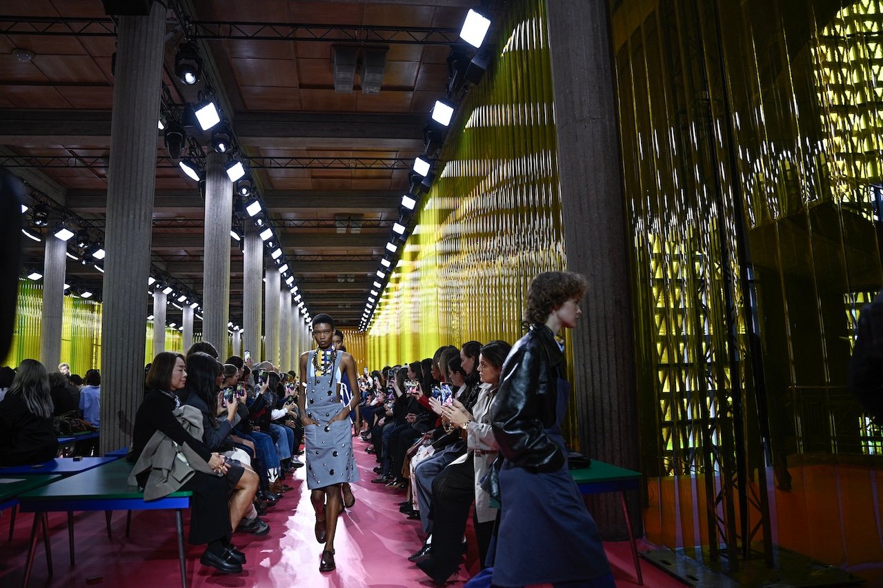Miu Miu apron featured on the runway during PFW SS26