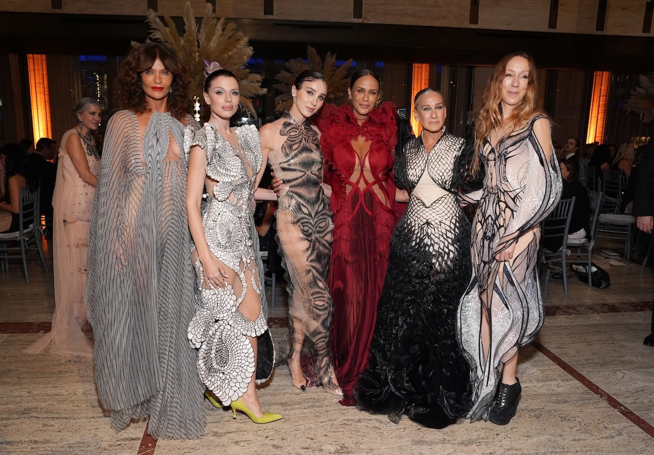 Helena Christensen, Julia Fox, Mary Leest, Nicole Ari Parker, Sarah Jessica Parker and Iris van Herpen, all wearing Iris van Herpen, attend the New York City Ballet 2025 Fall Fashion Gala