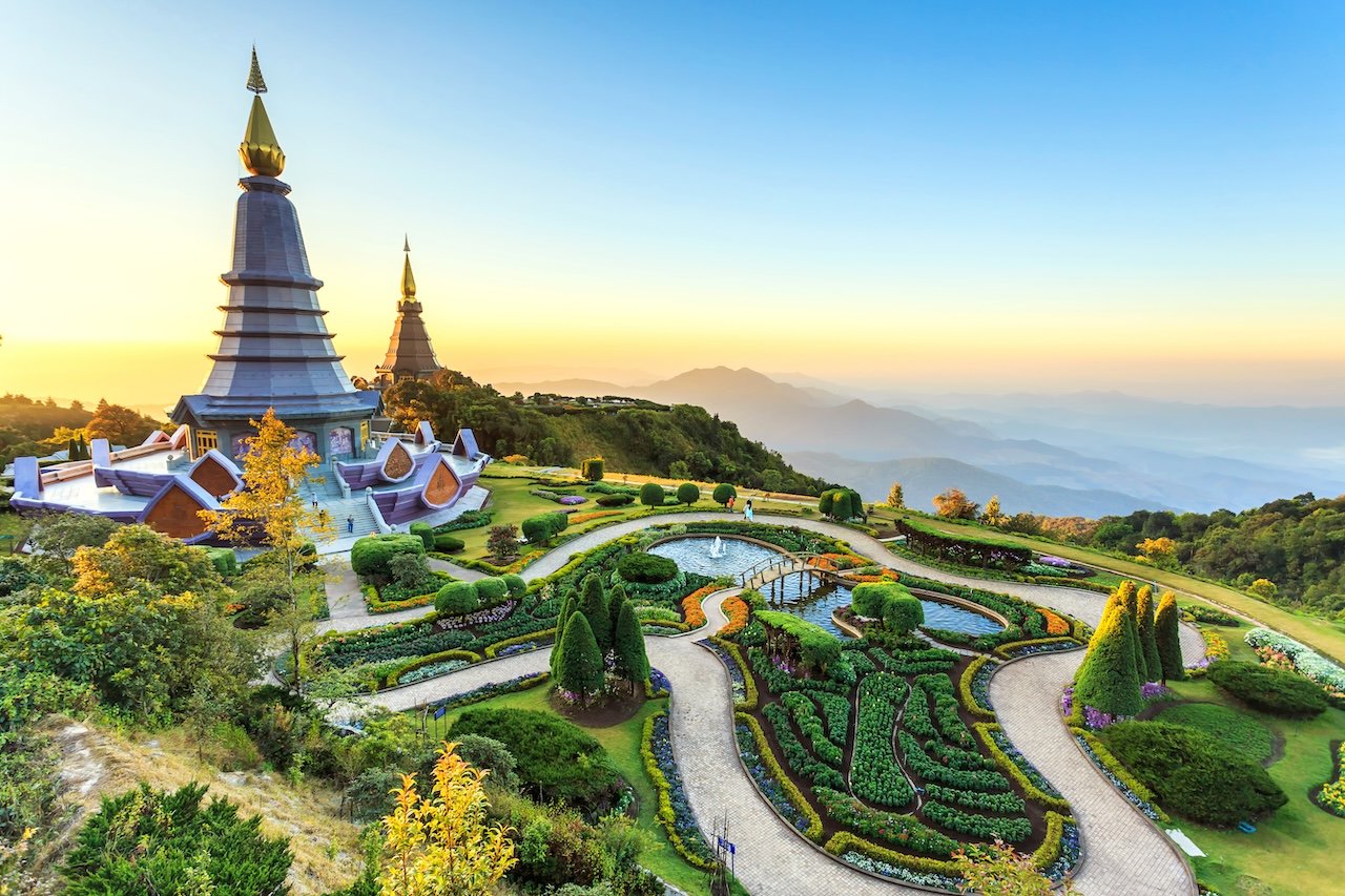 Two pagoda at the Inthanon mountain at sunset, Chiang Mai, Thailand