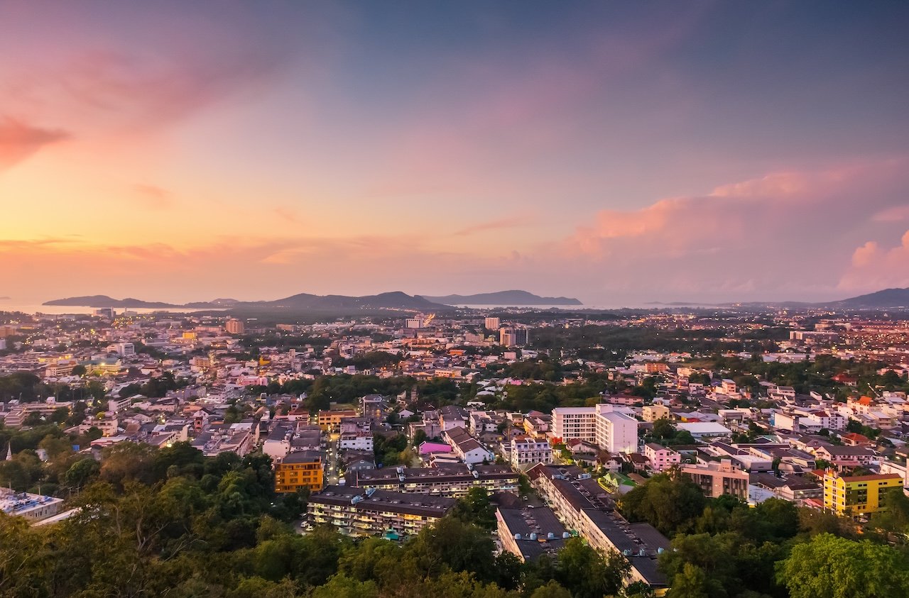 Sunrise of phuket town at khao rang hill view point Phuket, Thailand
