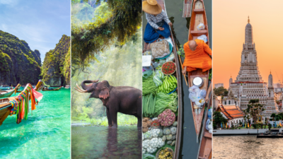 Pictured (L-R): Phi Phi Island, Wild elephant in the Kanchanaburi forest, Damnoen Saduak Floating Market in Ratchaburi District, Wat Arun temple in Bangkok